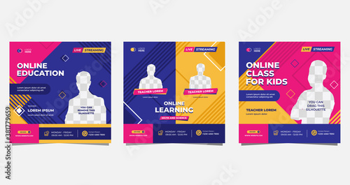Set of social media post templates for Online classroom program, Online Education, and other E-Learning. with Memphis style background and Purple, Pink, Orange colors