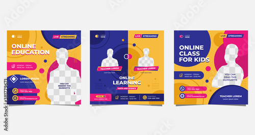 Set of social media post templates for Online classroom program, Online Education, and other E-Learning. with Memphis style background and Purple, Pink, Orange colors