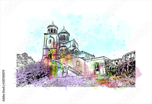 Building view with landmark of Batumi is the second largest city of Georgia. Watercolor splash with hand drawn sketch illustration in vector.