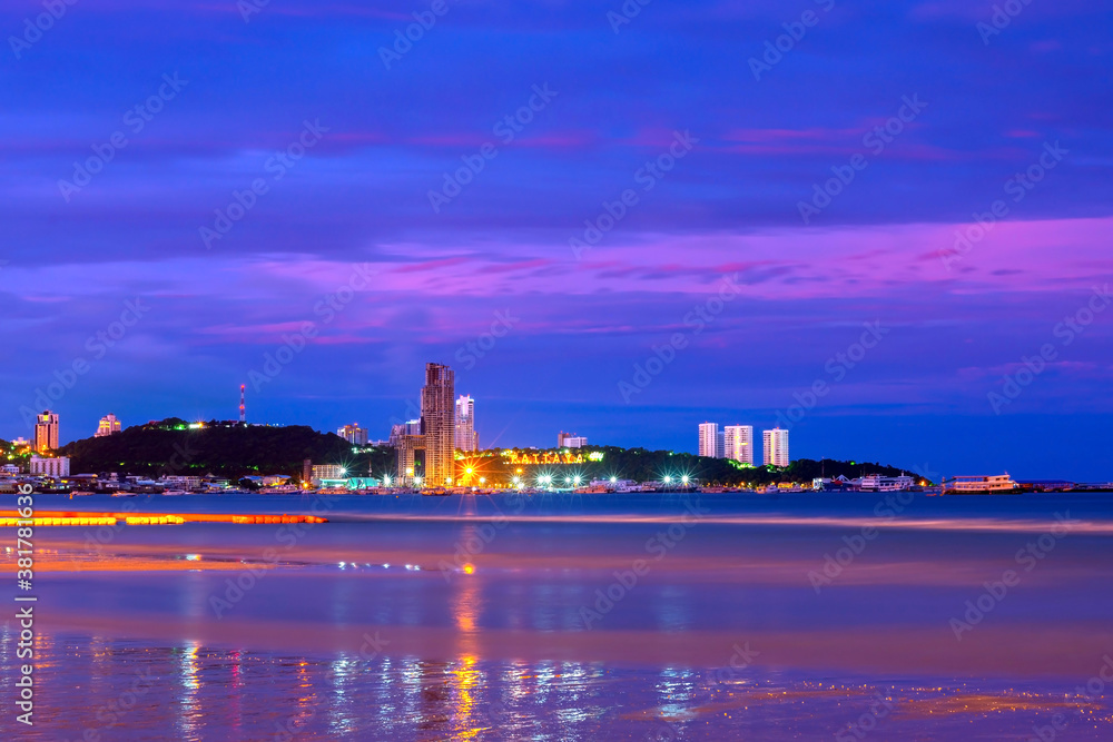 Pattaya City and Sea with sunset, Thailand. Pattaya city skyline and pier at sunset in Pattaya Chonburi Thailand,ASIA.
