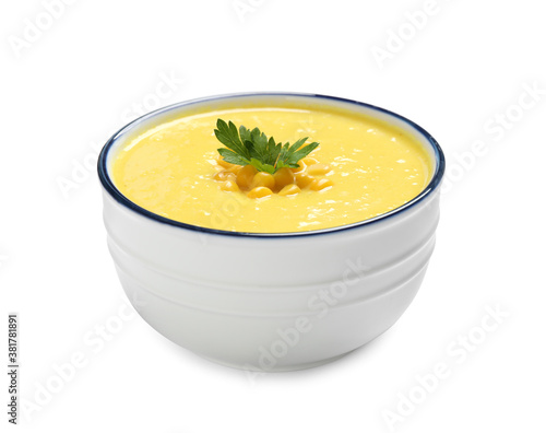 Delicious creamy corn soup isolated on white