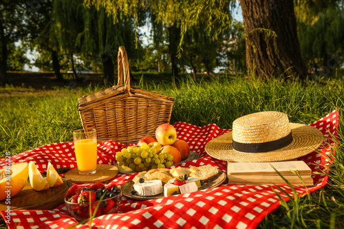 Fototapeta Naklejka Na Ścianę i Meble -  Picnic blanket with delicious food and juice in park
