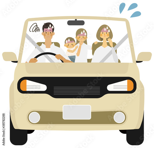 4人家族がドライブで困っているイラスト © 陽子 冨田