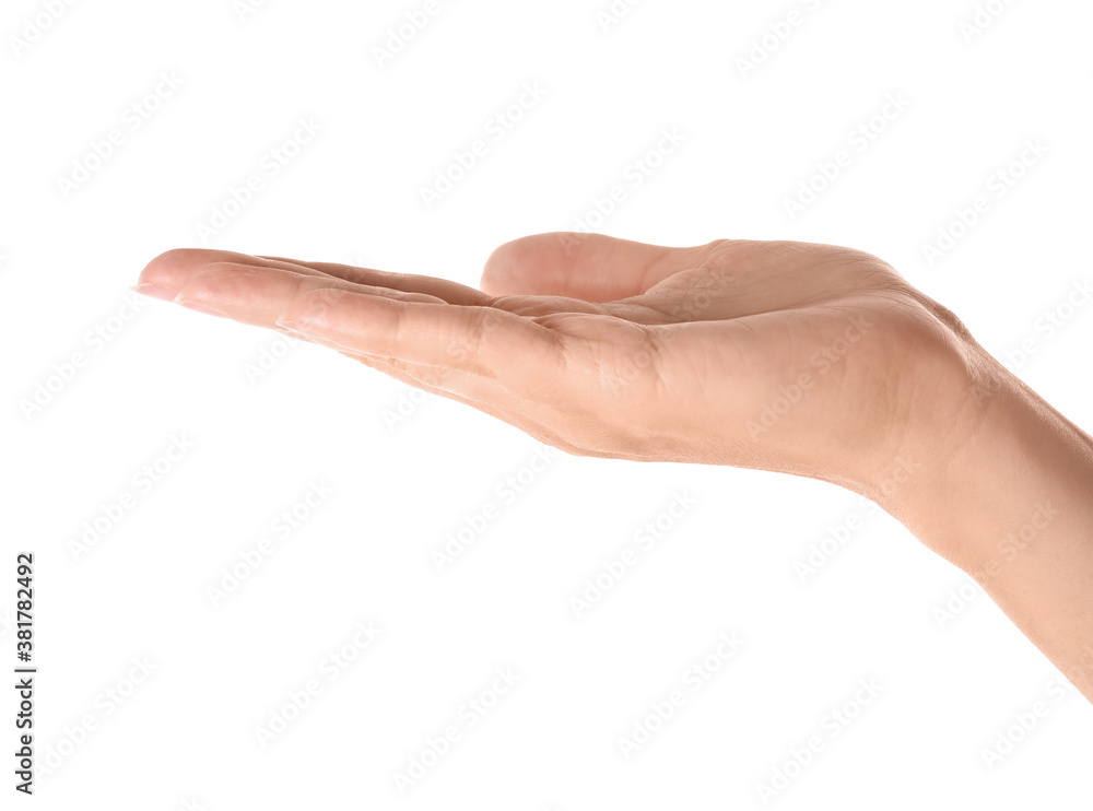 Woman holding something on white background, closeup of hand Woman holding something on white background, closeup of hand