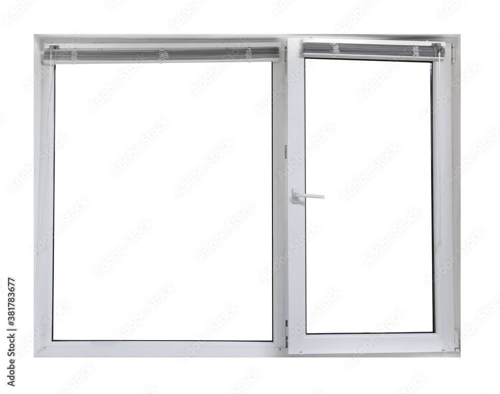 Modern open plastic window on white background