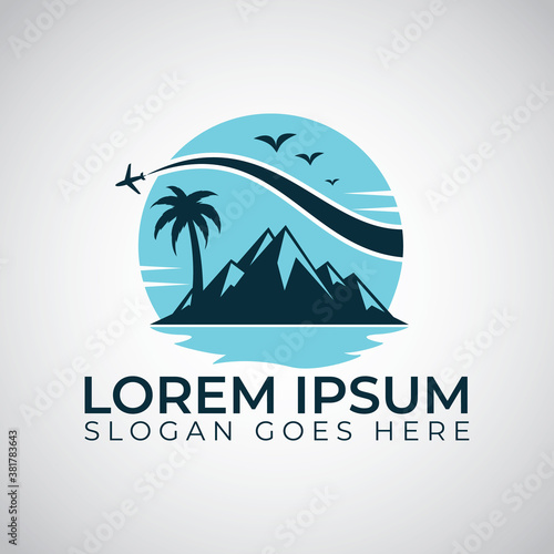 Summer Travel Logo Icon Vector Template. Palm Tree And Mountain Vector Design.