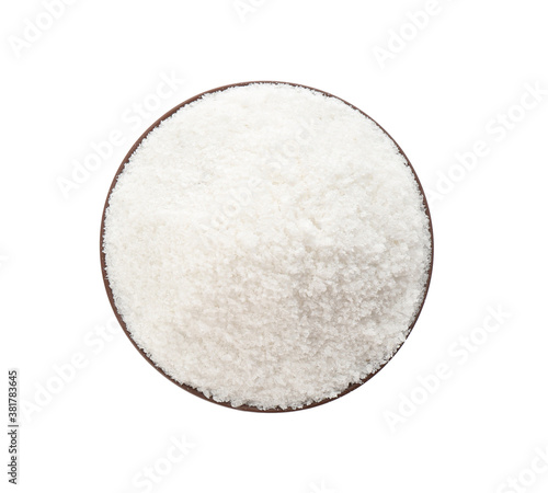 Bowl with natural salt isolated on white, top view