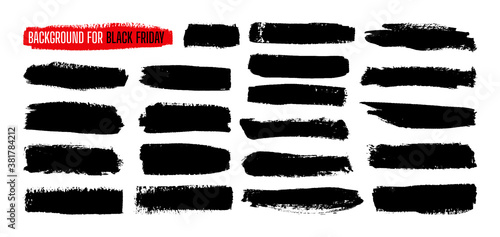 Black Friday sale stripe paint template background set. Ink painting, brush stroke. Watercolor grunge texture. Hand drawn texture. Black dirty blots shape. Isolated vector illustration