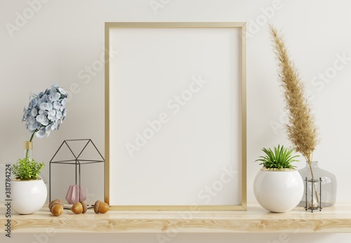 Home interior poster mock up with vertical metal frame with ornamental plants in pots on empty wall background.