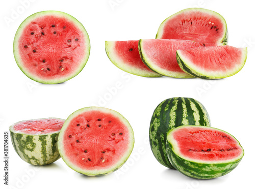 Set of fresh watermelons on white background