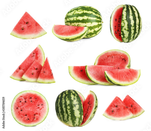 Set of fresh watermelons on white background