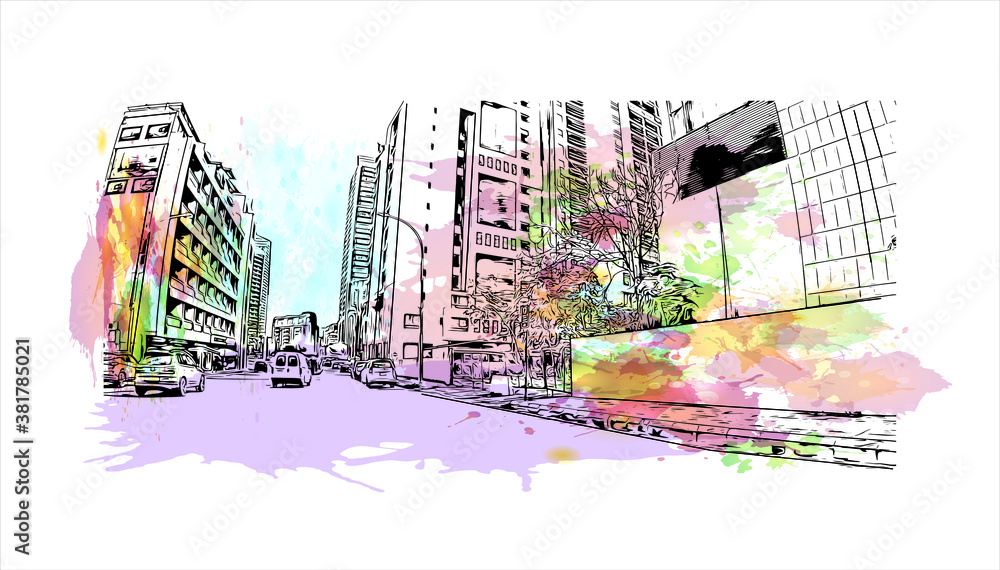 Fototapeta premium Building view with landmark of Beirut is the capital and largest city of Lebanon. Watercolor splash with hand drawn sketch illustration in vector.