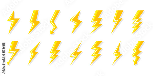 Yellow lightning bolt icons set. Electrical strike with arrow, shock lightning. Symbol electricity, energy and thunder. Sign voltage and power. Flat logo with shadow. Isolated vector illustration