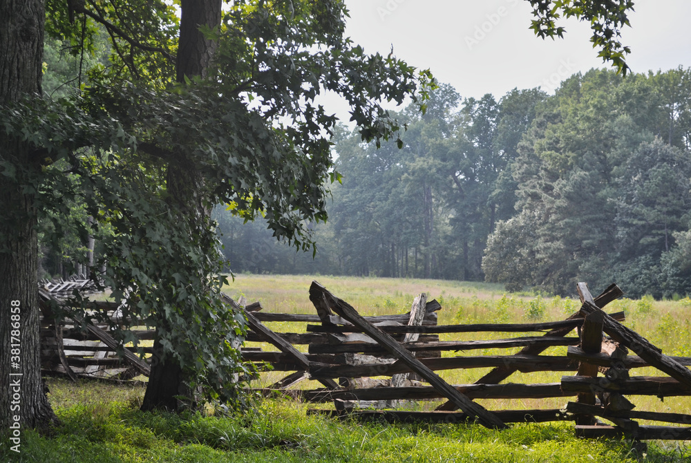 Fenced Shiloh Battlefield with Forest on Humid Day in Virginia Fenced Shiloh Battlefield with Forest on Humid Day in Virginia