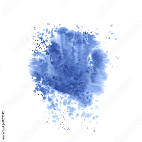Blue spread out spot of watercolor isolated on a white background. Spray. Water. Abstraction. Cloud