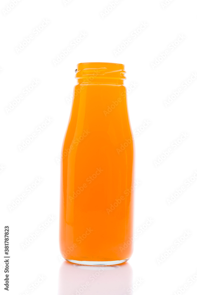 Fresh organic orange juice in glass bottles On a white background Fresh organic orange juice in glass bottles On a white background
