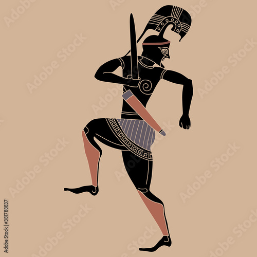 Marching ancient Greek warrior with sword and in helmet.