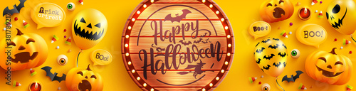 Halloween poster and banner template with cute halloween pumpkin and ghost balloons on yellow background. Website spooky,Background or banner Halloween template.Vector illustration eps 10