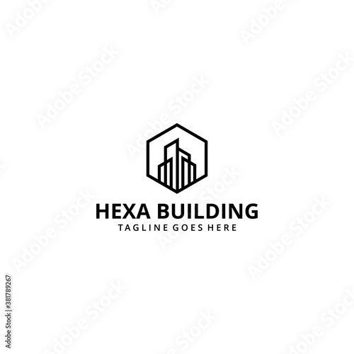 Illustration Modern building tower Real Estate Construction on hexagon Logo design template