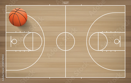 Basketball ball in basketball court area. With wooden pattern background. Vector.