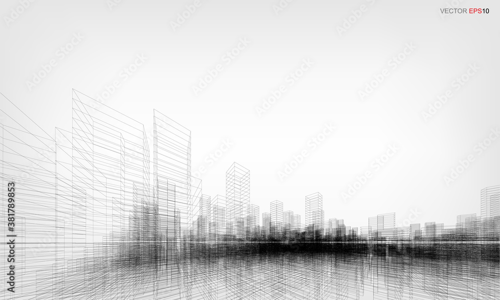Fototapeta premium Wireframe city background. Perspective 3D render of building wireframe. Vector.