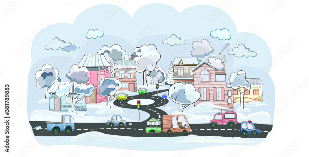 Obraz premium Flat vector nursery cartoon illustration of urban winter landscape, road, funny cars, traffic lights, road signs. Cute cozy town street with traffic. Perfect for kids poster, book illustration, print