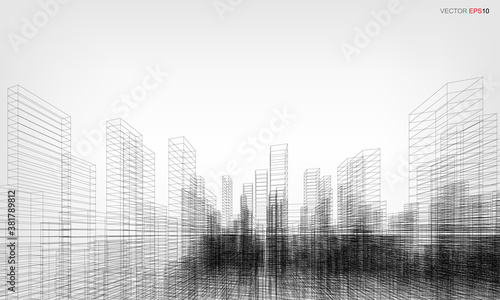 Wireframe city background. Perspective 3D render of building wireframe. Vector.