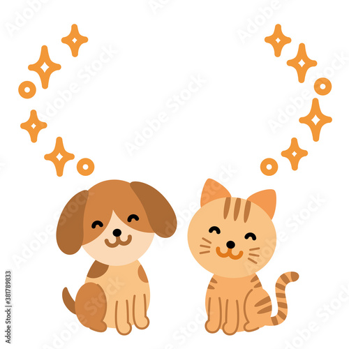 嬉しそうな犬と猫　キラキラタイトル