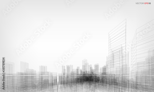 Wireframe city background. Perspective 3D render of building wireframe. Vector.