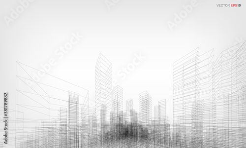 Wireframe city background. Perspective 3D render of building wireframe. Vector.