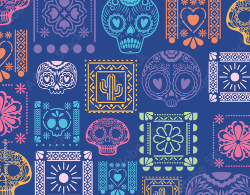 Mexican blue background with skulls and flowers vector design