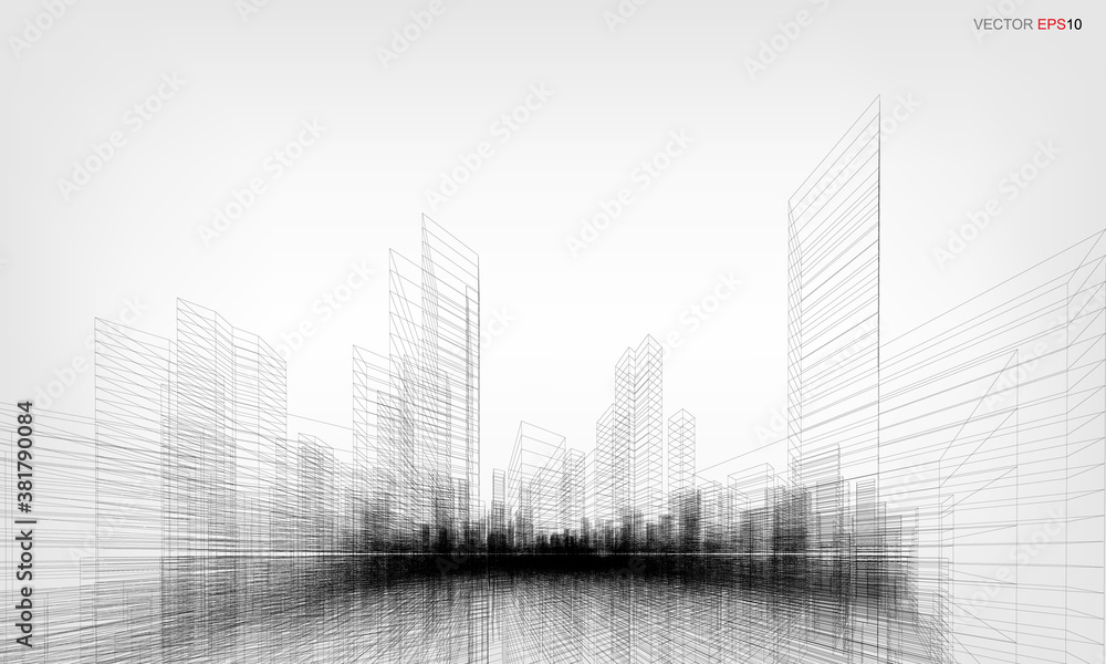 Wireframe city background. Perspective 3D render of building wireframe. Vector.