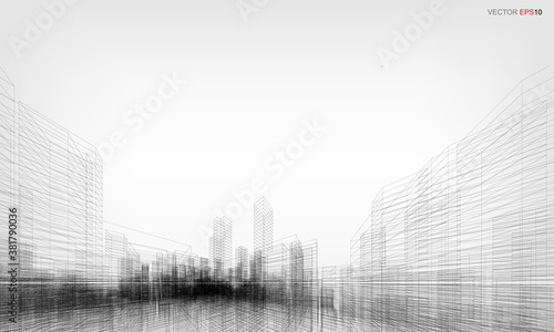 Wireframe city background. Perspective 3D render of building wireframe. Vector.