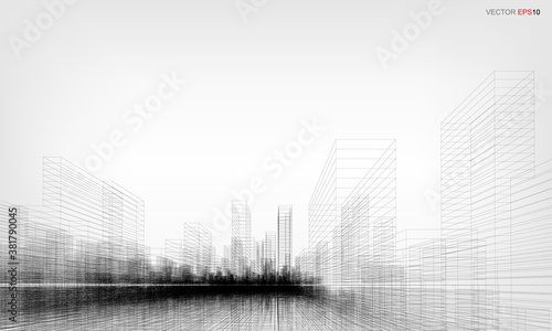 Wireframe city background. Perspective 3D render of building wireframe. Vector.