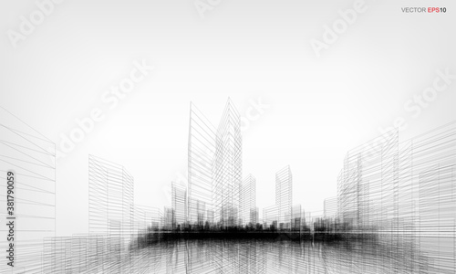 Wireframe city background. Perspective 3D render of building wireframe. Vector.