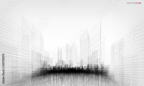 Wireframe city background. Perspective 3D render of building wireframe. Vector.