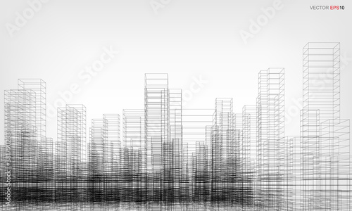 Fototapeta Naklejka Na Ścianę i Meble -  Wireframe city background. Perspective 3D render of building wireframe. Vector.