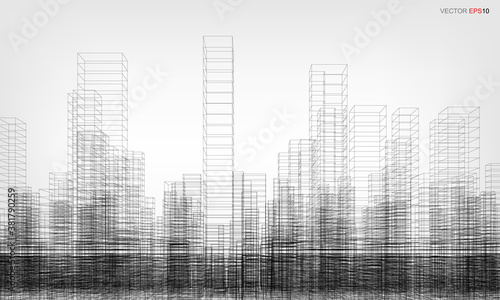 Wireframe city background. Perspective 3D render of building wireframe. Vector.