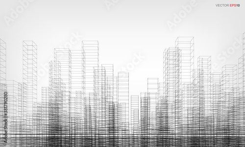 Wireframe city background. Perspective 3D render of building wireframe. Vector. © Lifestyle Graphic