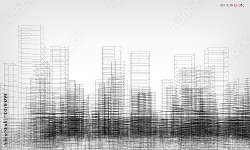 Wireframe city background. Perspective 3D render of building wireframe. Vector.