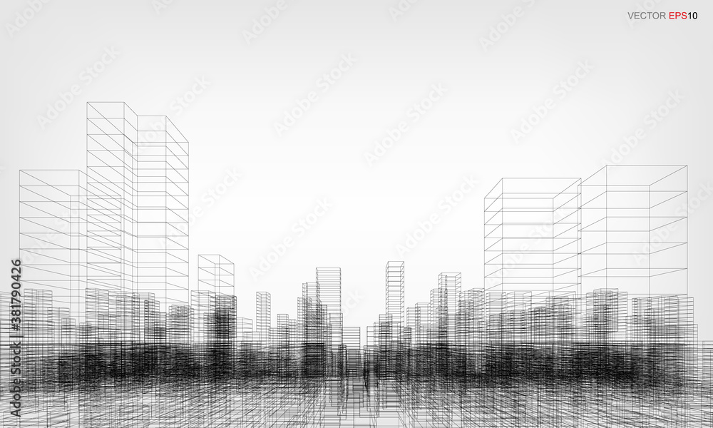 Wireframe city background. Perspective 3D render of building wireframe. Vector. Wireframe city background. Perspective 3D render of building wireframe. Vector.