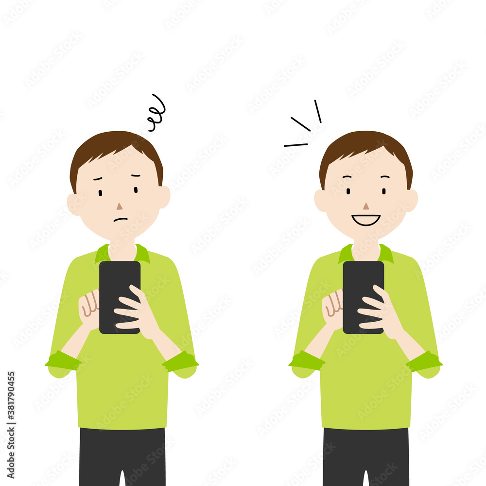 Illustration set of a man using smartphone (I don't know how to use it, I understand!) Illustration set of a man using smartphone (I don't know how to use it, I understand!)
