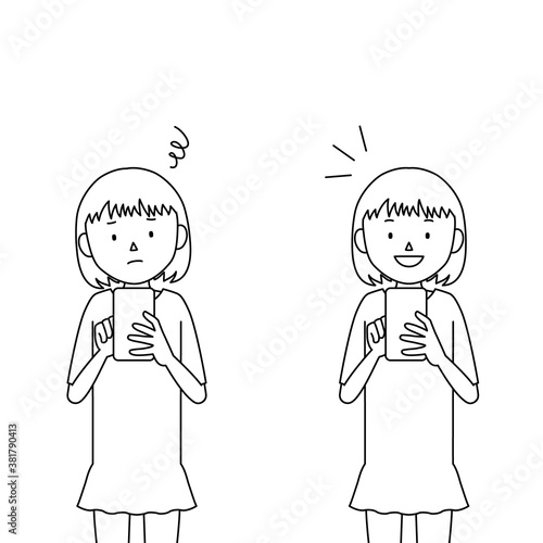 Illustration set of a girl using smartphone (I don't know how to use it, I understand!)