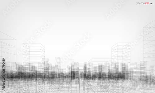Wireframe city background. Perspective 3D render of building wireframe. Vector.