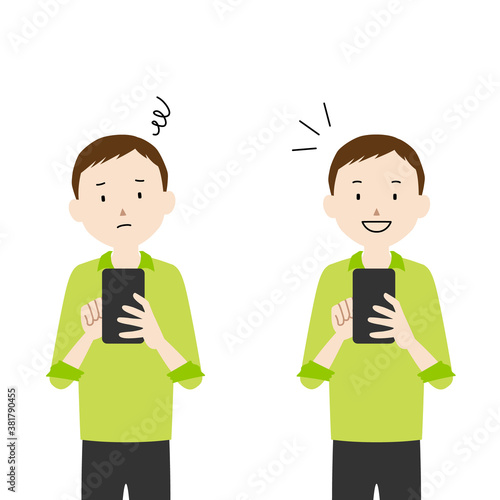Illustration set of a man using smartphone (I don't know how to use it, I understand!)