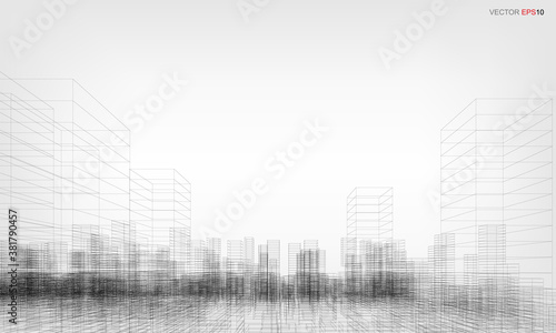 Wireframe city background. Perspective 3D render of building wireframe. Vector.