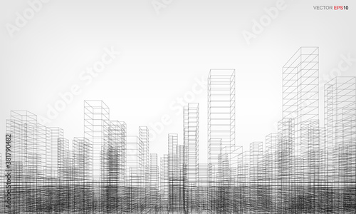 Wireframe city background. Perspective 3D render of building wireframe. Vector.