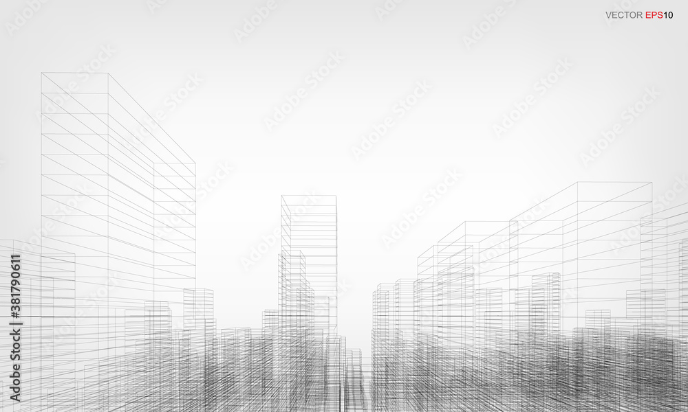 Wireframe city background. Perspective 3D render of building wireframe. Vector. Wireframe city background. Perspective 3D render of building wireframe. Vector.