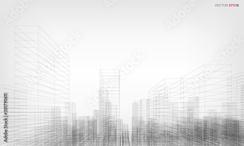 Wireframe city background. Perspective 3D render of building wireframe. Vector.