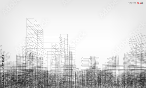 Wireframe city background. Perspective 3D render of building wireframe. Vector.